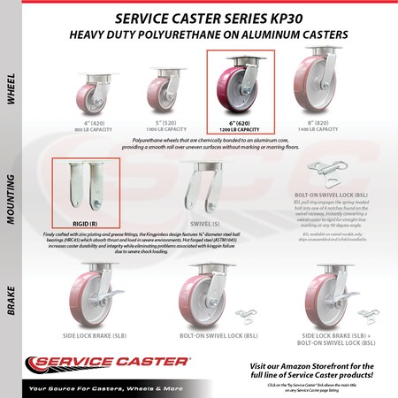 Service Caster 6 Inch SS Poly on Aluminum Caster Set with Ball Bearings 2 Swivel Lock 2 Rigid SCC-SS30S620-PAB-BSL-2-R-2
